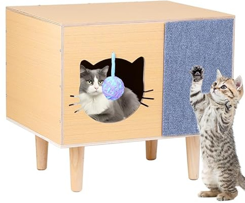 Casa di Legno per Gatti Cuccia per Gatto Interno con Pallina Giocattolo Tiragraffi Rimovibili e Cuscini Casetta per Gatti e Piccoli Animali 50 x 40 x 32 cm