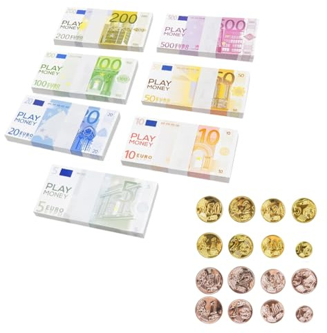 YUZNA 140 Banconote di Scena,5/10/20/50/100/200/500€ (20 of each) Fogli，e 16 monete,da Gioco per Bambini, Banconote da Giochi, Banconote da Giochi di Film per Feste (Banconote Giocattolo Euro)