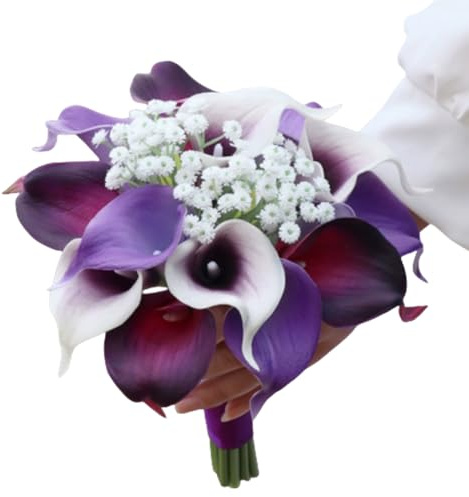 Naeutop 15pcs Calla Lilies Whit Babys Breath Artificial Flower,14 Mix Calla Lily Flowers Bulk, Lifelike Lilies for Wedding Bridal Bouquet Centerpiece,Spring Mother's Day Easter Home Decor (Purple)