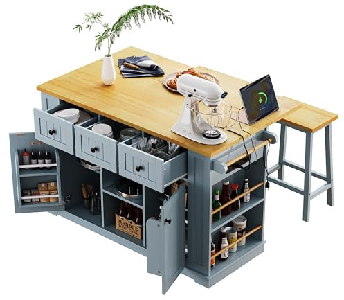 53inch Large Kitchen Island with Drop Leaf,Power Outlet,Door Internal Storage Rack,Rolling Kitchen Cart on 5 Wheels with 5 Open Side Racks for Kitchen,Dining Room (Not include bar stools) (Grey Blue)