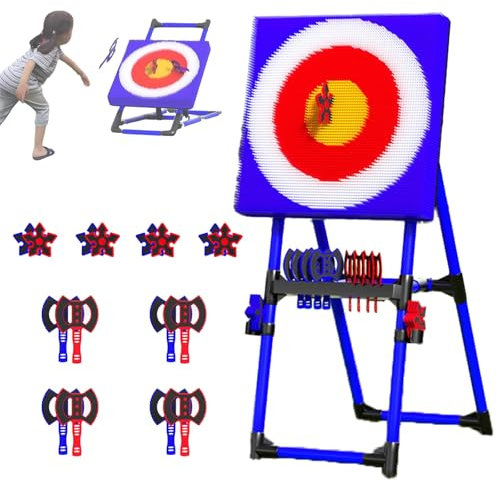 Jeu de lancer de haches, jeu de lancer de cibles 2 en 1 avec 8 haches volantes à long manche et 8 fléchettes à six branches, support de cible réglable en hauteur, compartiment de rangement intégré