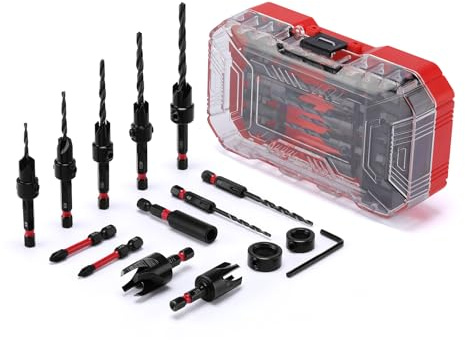 MIXPOWER 15-Piece Countersink Drill Bit Set, with Wood Plug Cutters and Depth Stop Rings