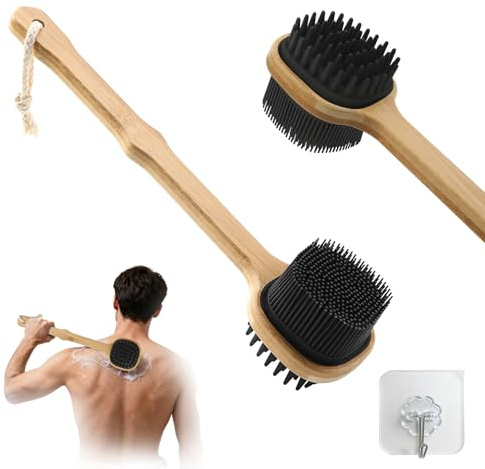 Silicone Back Scrubber for Shower, Stocking Stuffers for Men, Silicone Bath Body Brush Loofah with Long Handle, Dual-Sided Shower Brush for Body, Black Exfoliating Body Scrubber Back Washer with Hook