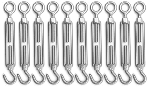 Ollanoos 10Pcs M5 Hook and Eye Stainless Steel Cable Tightener, Adjustable Turnbuckle Tensioner, for Garden Light Hanging Fence Wire Shade Sails Cable Railing