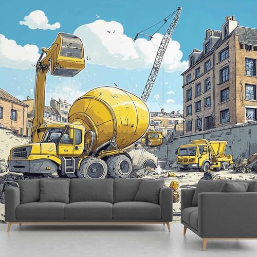 Fototapete Baufahrzeug – Vliestapete Bauwagen Bauwagen Autos Tapete, 300x210 cm – Panorama-Tapete & Wanddeko für Wohnzimmer, Schlafzimmer, Flur(Nicht selbstklebend Wandtapete)