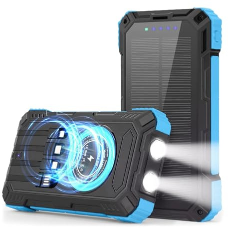 Lunavelle Wireless Power Bank, 20000mah Solar Charger Power Bank with Type-C 5v/3.5a Fast Charging, Compatible All Mobile Devices, with 2 Led Flashlights, Ipx5 Waterproof for Camping Hiking (blue)
