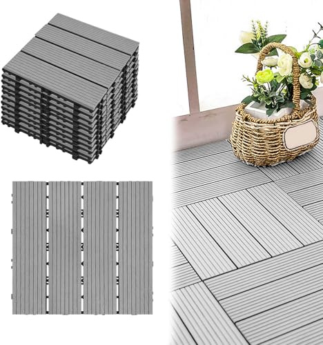 ACXIN WPC terrassplattor terrassplattor kakel i träutseende plastplattor terrassplattor klickplattor balkongplattor, kan skäras till, för trädgård/balkong/terrass (55, ljusgrå, 30 x 30)