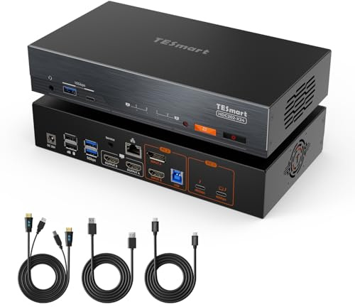 TESmart HDMI+DisplayPort KVM Switch 2 Monitors 2 Computers 4K@60Hz, EDID | Dual Monitor KVM Switch Compatible with Thunderbolt 4, for 1 Laptop(TB4 USB C w/Charging 60W) & 1 Desktop, Gigabit Network