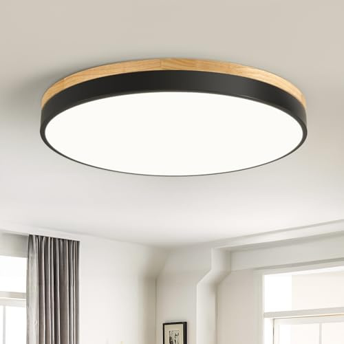 Qamra Deckenlampe, LED Deckenleuchte Holz 50cm, Flach Deckenleuchte Schwarz, 48W Rund Lampe für Wohnzimmer Schlafzimmer Küche Flur Esszimmer 4000K