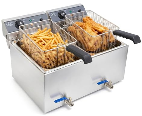 HAKKA Commercial Double Deep Fat Fryer with Drain Tap, Twin Tanks 10Lx2 Large Electric Chip Fryer with 2 Baskets &Lids, Temperature Control Stainless Steel Frying Machine (240V 6000W)