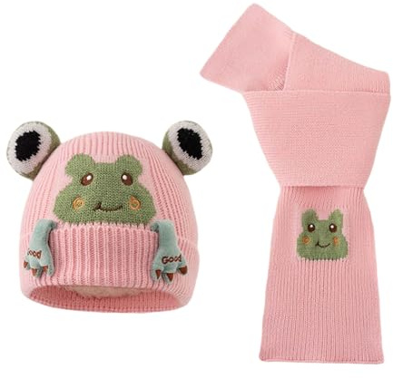 Generisch Mädchen Mütze Winter-Strickmütze Und Schal Für Kinder Mit Frosch-Stickerei, Und Kindermützen Warm Babymütze Handschuhe Schlupfmütze Baby Boys
