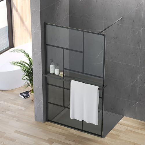 AQUABATOS Walk-in Dusche Schwarz Dekor Kariert Design 120 x 200 cm Duschwand Glas mit Handtuchhalter und Duschablage Duschabtrennung 8 mm Sicherheitsglas klar NANO-Beschichtung leicht zu reinigen