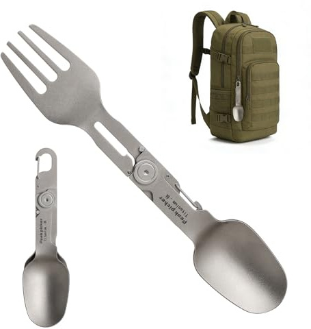 Tenedor Giratorio de Titanio Puro, Cuchara de Titanio Ultraligera y de Alta Resistencia,Cuchara y Tenedor Plegables 2 en 1 Equipo y Accesorios de Cocina para Camping, Ideal para Excursionistas