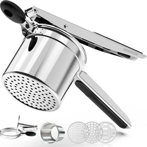 SPEENSUN Stainless Steel Potato Ricer, Heavy-Duty Masher with 3 Discs | Creates fluffy mash & baby purées. Note: plates may lift due to sticky starch; normal for easy-clean designs.