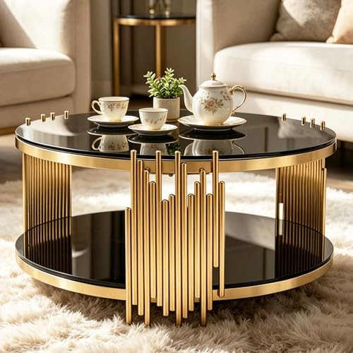 Bladez Runder Couchtisch Schwarz Glastisch 80cm, Luxus Moderner Gold Metallbeine, Design Sofatisch aus gehärtetem Glas und Edelstahl, Wohnzimmertisch Beistelltisch (Gold, Couchtisch)