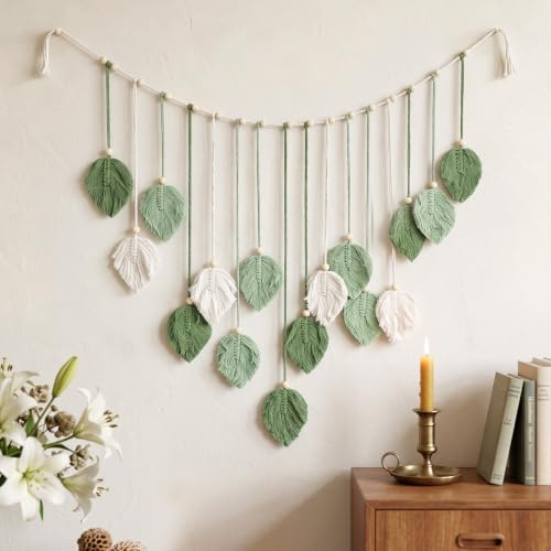 WISCLASS Makramee Wandbehang Baumwolle Boho Wandteppich 120x75cm Grün Beige mit Holzperlen,Lieferung mit 2 Befestigungshaken