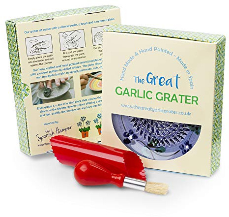 Garlic Grater Plate Set with Brush and Peeler. (#Ref 5). Handmade and Hand Painted in Cordoba, Spain. Blue with Brown Rim and Flowers.