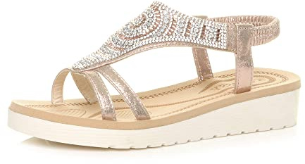 Ajvani Womens Ladies Low Wedge Heel Flatform Diamante t-bar Slingback Sandals - Rose Gold - 6 UK