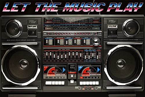 Ghettoblaster - 80s Boombox – Let The Music Play - Musikposter - Grösse cm + 2 St Posterleisten Kunststoff 62 cm schwarz