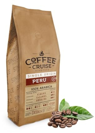 COFFEE CRUISE Peru Coffee Beans 1kg - Light Roasting - Aroma Caramel and Herbal - For All Coffee Machines - 100% Arabica