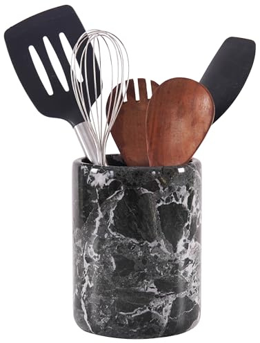Redskapshållare sked caddie bänkskiva svart handgjord marmor köksredskap set organiserare – 14,5 x 16,5 cm redskapshållare – hemtillbehör (BZ-03)
