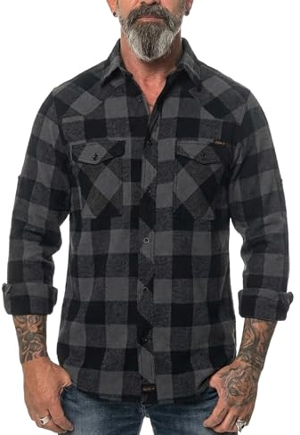 ROCK-IT Apparel Camisa de Franela Hombre Manga Larga I Camisa Leñador con Tejido Muy Suave I Camisa a Cuadros con Bolsillos y Botones Delanteros [S-5XL] Casual Negro/Gris M