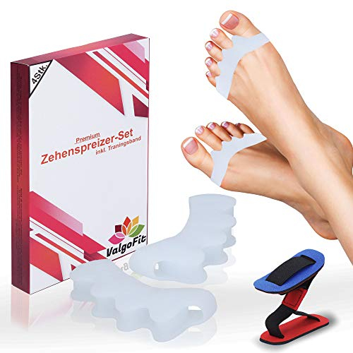 Valgofit® 4x Zehenspreizer Hallux Valgus aus Silikon – Komfortable Zehentrenner für Damen & Herren – Mit Gratis Trainingsband & eBook (Weiß)
