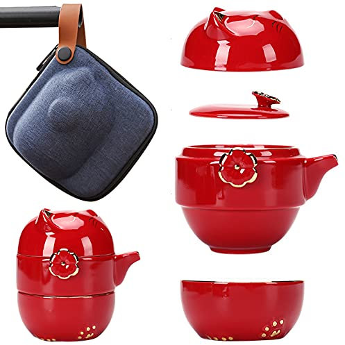 Portable Ceramic Tea Cup Set: Lucky Cat Porcelain Teapot Set with Tea Strainer - Lids and 1 Shockproof Storage Case - Suitable for Travel - Outdoor Picnic - Office Work - Home - Red