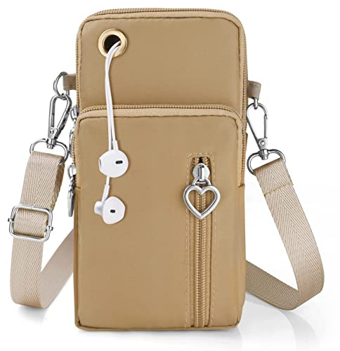 Aucuu Mobiltelefonväska för hängande kvinnor, liten axelväska i nylon med hörlursingång, mini crossbody axelväska mobilväska, mobiltelefon axelväska dörr mobiltelefon under 7 tum, #3 kaki, 1, bärrem