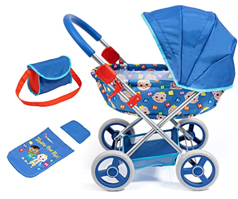 Bayer Design 12711AA Landau pour poupée Cocomelon, Poussette de Poupées, Pliable, Sac à bandoulière, avec la Couverture câline et l'oreiller, Bleu, Rouge