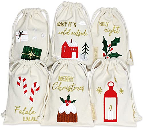Pappersdrake presentförpackning jul 2025 – tygpåse set om 6 – 13 x 18 cm – beige – med broderi i guld – återanvändbar för fyllning