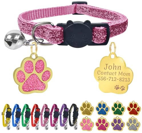 Uiopa Katzenhalsband mit Prickelnde Katzenmarken Personalisiert, Katzenhalsband mit Namen und Telefonnummer, Verstellbar Halsband Katze mit Sicherheitsverschluss für Katzen und Welpen (Pink)