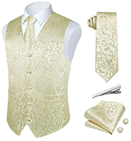 Rithern herrväst paisley blommig jacquard siden slips näsduk set med manschettknappar och slipsklämma set för bröllopsfest kostym väst set, Beige, M