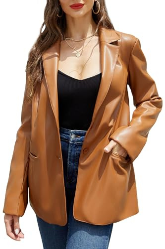 RISISSIDA Women Faux Leather Blazer Jacket,Soft PLeather PU Coat,Brown,XL