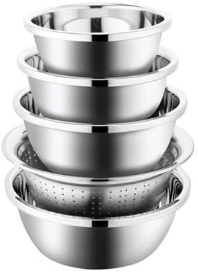 5 pezzi Ciotola in Acciaio Inossidabile con filtro dell'acqua, Ciotole da Cucina Multifunzionali, Scodella da Servire in Metallo Color Argento, Diverse Dimensioni