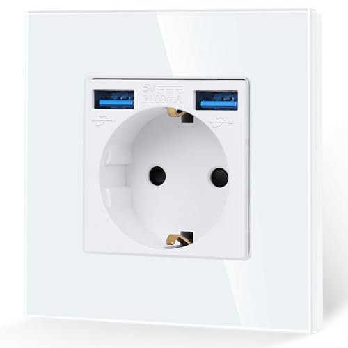 JIMEIDA toma de corriente con USB en BLANCO, tomas de corriente Schuko de cristal de 16A con conexión USB de carga rápida Max.2.1A, toma de corriente de pared con contacto de protección empotrad