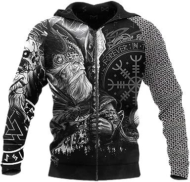 INDIRAN Herren Zip Up Hooded Sweatshirt Wikinger Symbol Tattoo Muster Print Hoodie Unisex Langarm Pullover Zip Cardigan mit Tasche