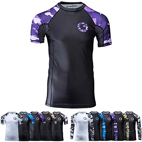 Gold BJJ Jiu Jitsu Rashguard - Maglia a compressione mimetica a maniche corte per No-Gi, Gi e MMA (viola mimetico, XXXL)