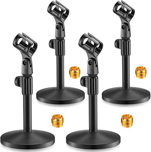 Hoteam 4 Pcs Desktop Mic Stand Adjustable tabletop Mic Stand microphone desk stands with 5/8 Male to 3/8 Female Screw Metal Round Base for Table Desk Interviews, Black