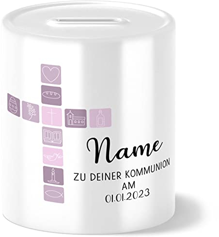 OWLBOOK Kommunion Kreuz mit Symbolen rosa Spardose personalisiert Geschenk Kommunion Geschenke für Mädchen und Junge Gastgeschenk Geldgeschenke Erstkommunion