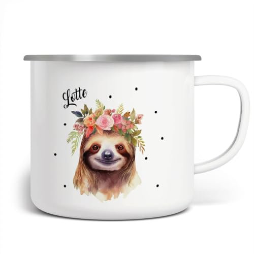 miKalino Emaille Tasse Mädchen - Trinkbecher Kinder personalisiert - Emaille Becher mit Faultier-Motiv - Kindertasse mit Namen - Kindertasse bedruckt - Emaille Becher Weiß, 300ml