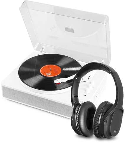 Fenton RP162W Bluetooth Record Player with Audizio ANC110 Wireless Headphones, Vinyl Turntable Set, Active Noise Cancelling Headset, USB MP3 Playback and Recording, White Finish