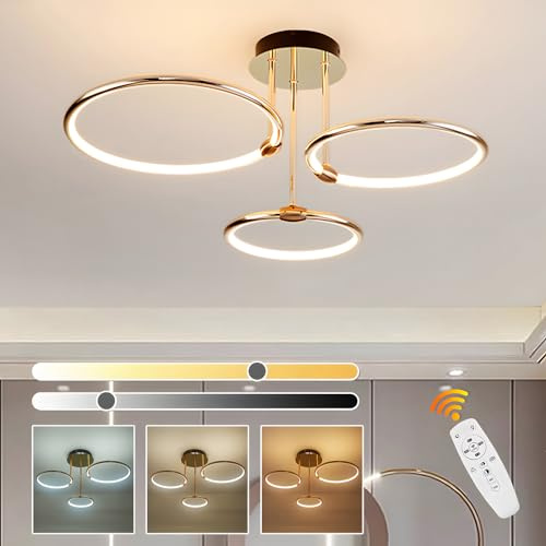 3 Runda Ringar Guld LED Taklampa Design, Ø56cm | 60W Ljuskrona, Steglöst Dimbar, Kreativ Metallplåt, Modern Lampa För Sovrumsboende Barn Kontor Arbetsrum Kök Hall