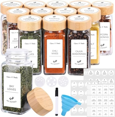 Oududianzi 24pcs Barattoli Spezie con Coperchi in Bambù, 120ml Porta Spezie per Cucina, Set Barattoli Portaspezie Vetro Vasetti Spezie con Setaccio, 288 Etichette, Spazzola, Lmbuto