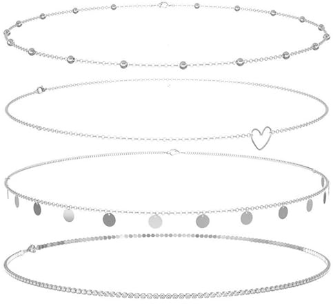 AOUZOVLI 4 Stück Bauchkette Silber Taillenkette Kettengürtel Silber Bauchkette Verstellbar Belly Chain Geeignet für Sommer-Strandaccessoires Damen Mädchen