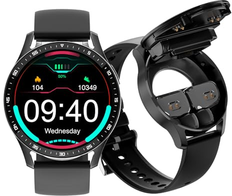 findtime Montre Connectée Homme avec Mini Ecouteurs TWS intégré Bluetooth sans Fil Casque Intégré Montre Sport Homme Smartwatch Appel IP67 Etanche Waterproof Ronde