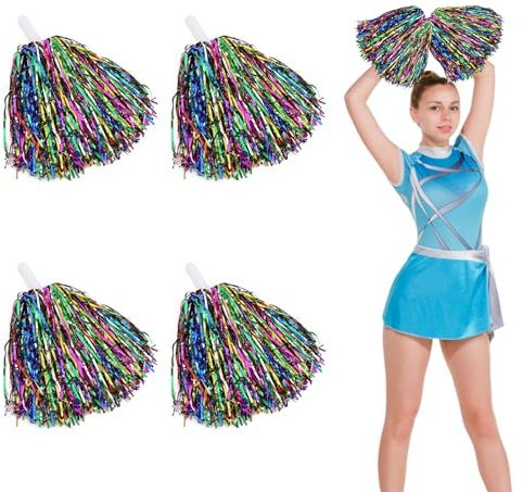 6pcs Cheerleading Pom Poms with Handle - Metallic Foil Cheerleader Pompoms for Sports Team Spirit Cheering Party Dance Night Party (Mixed Color)