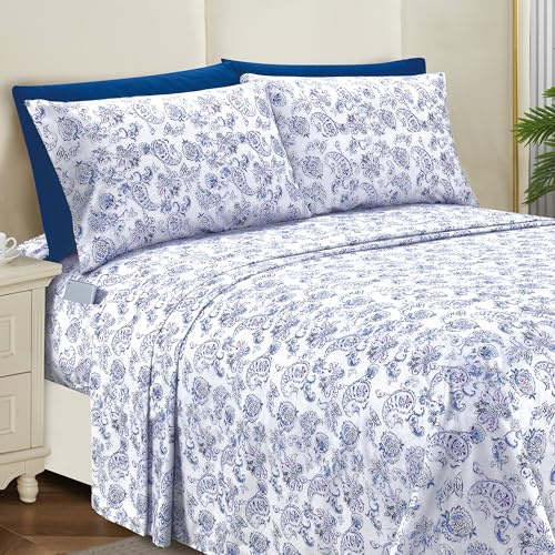 Elegant Comfort Softest and Coziest 6-Piece Sheet Set - 1500 Premium Hotel Quality Microfiber - Deep Pocket, Wrinkle Resistant 6-Piece Paisley Pattern Bed Sheet Set, Full, Paisley Indigo