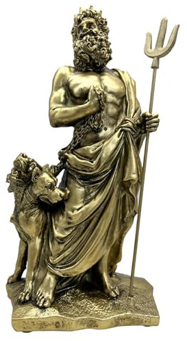 Statua di mitologia greca di Ade, 28 cm, in resina, dio greco degli inferi con Cerbero in finitura bronzo, Ade dipinte a mano che tiene il tridente scultura per studio ufficio libreria decorazione