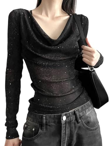 EMOTTOS Tops de Malla Sexy para Mujer, Slim Fit Lentejuelas Estampado Sheer Malla de Manga Larga, Strapless Swing Cuello Ver a través de Camisas para Las Mujeres(Negro/Blanco, S-XL)
